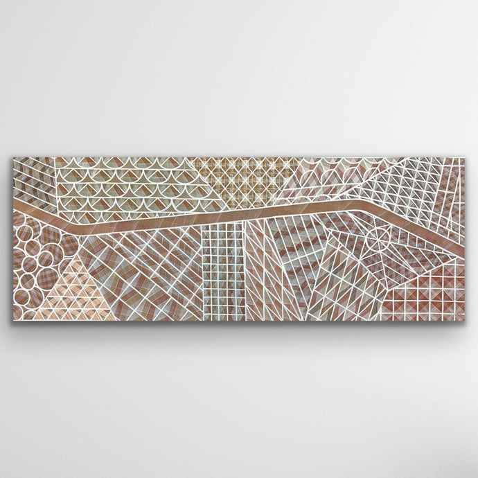 Full view of Edward Blitner’s Dreamtime Road painting with fine cross-hatching detail.