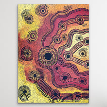 Load image into Gallery viewer, medium small aboriginal art red orange yellow cream displayed on white wall
