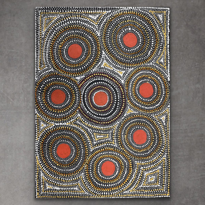 Elegant Aboriginal dot painting Seed Dreaming by Marshall Jangala Robertson featuring flowing movement and cultural heritage