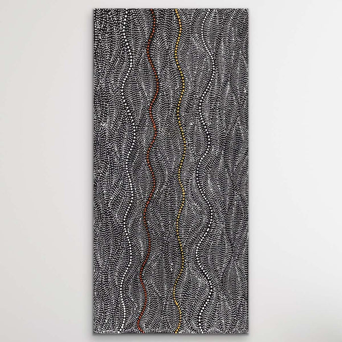 Flow pattern Aboriginal painting Seed Dreaming by Marshall Jangala Robertson with fine dots and cultural significance