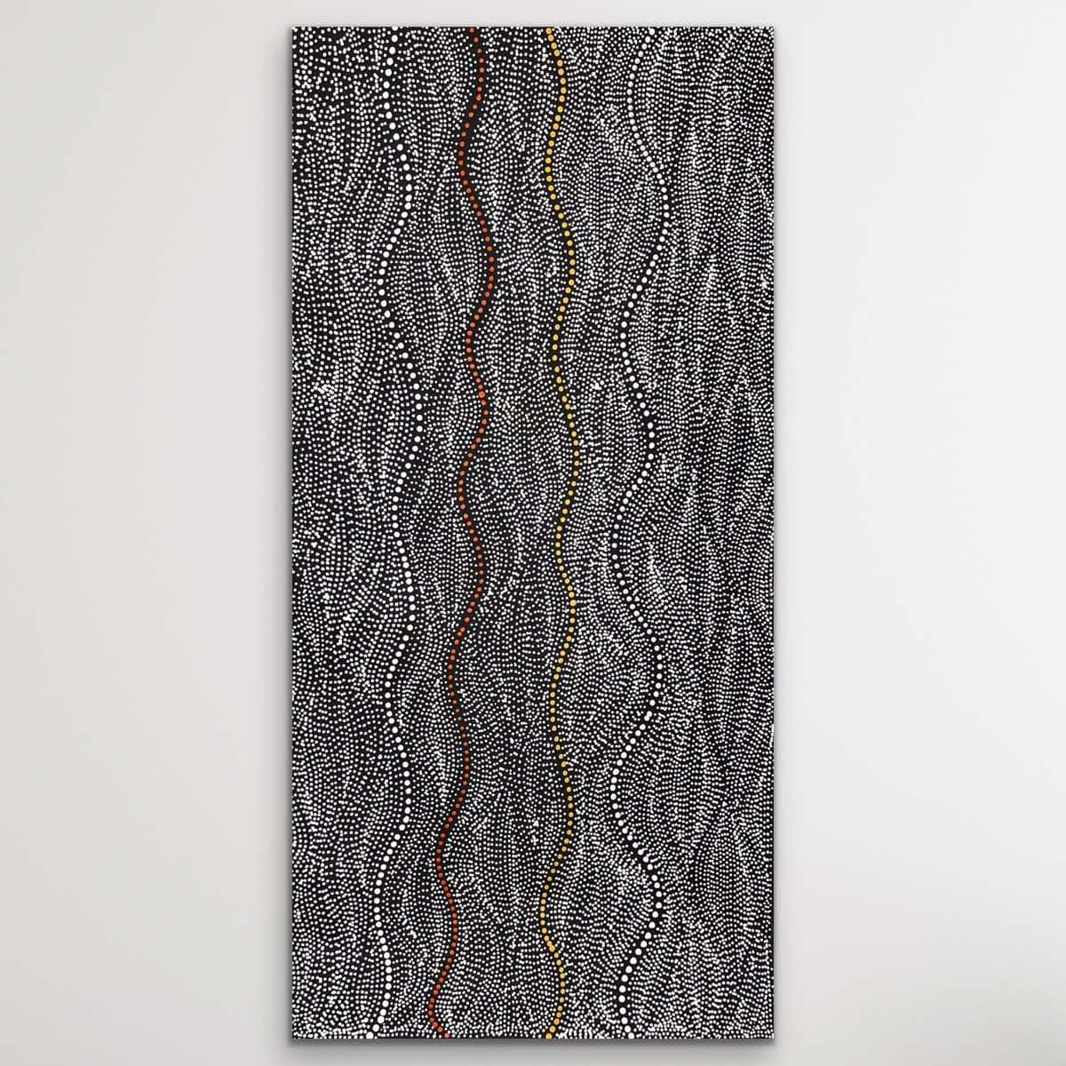 Flow pattern Aboriginal painting Seed Dreaming by Marshall Jangala Robertson with fine dots and cultural significance