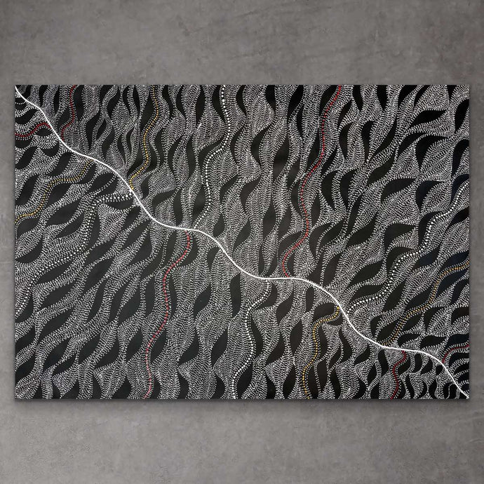 Flowing dot masterpiece Seed Dreaming by Marshall Jangala Robertson, evoking movement and connection to Country

