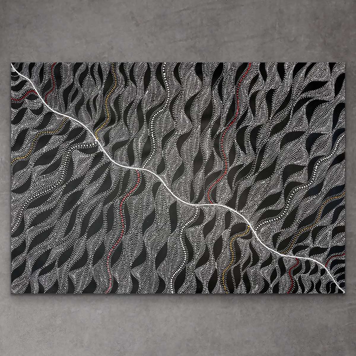 Flowing dot masterpiece Seed Dreaming by Marshall Jangala Robertson, evoking movement and connection to Country

