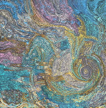 Load image into Gallery viewer, Colorful Indigenous APY lands art with swirling designs in blue, gold, and purple.
