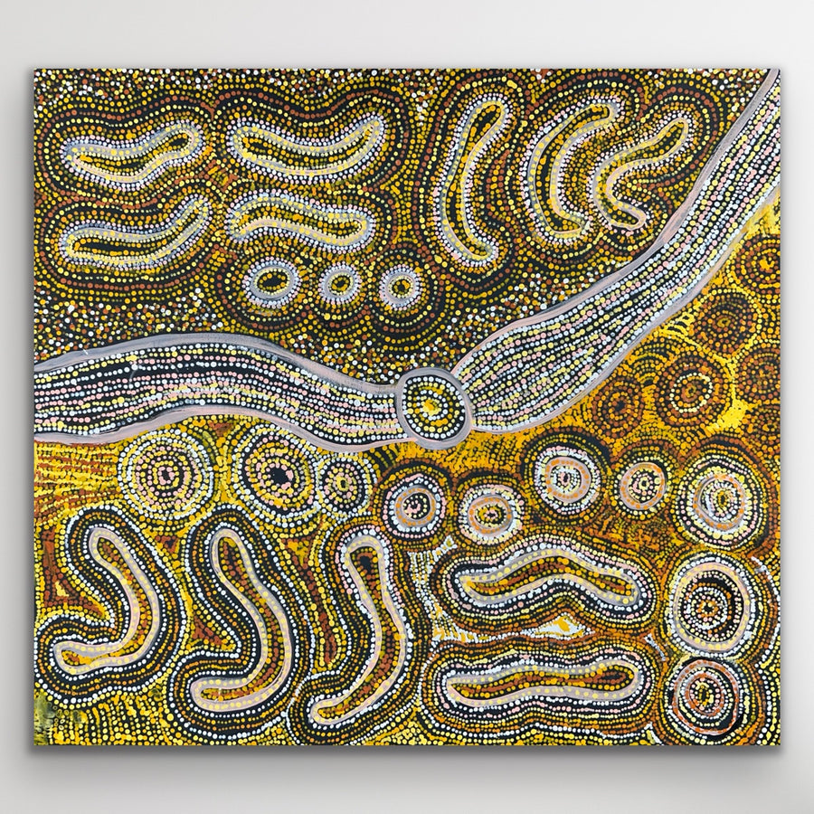 Warm ochre tones and pale silver pathways flow across the canvas in this story of movement and creation.