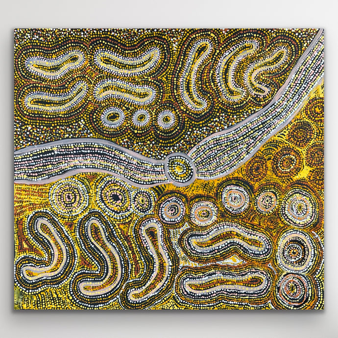 Warm ochre tones and pale silver pathways flow across the canvas in this story of movement and creation.