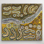 Warm ochre tones and pale silver pathways flow across the canvas in this story of movement and creation.