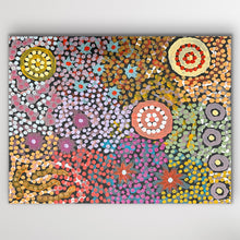 Load image into Gallery viewer, Vibrant circular motifs ripple across coral and violet fields, celebrating family connections to Country.
