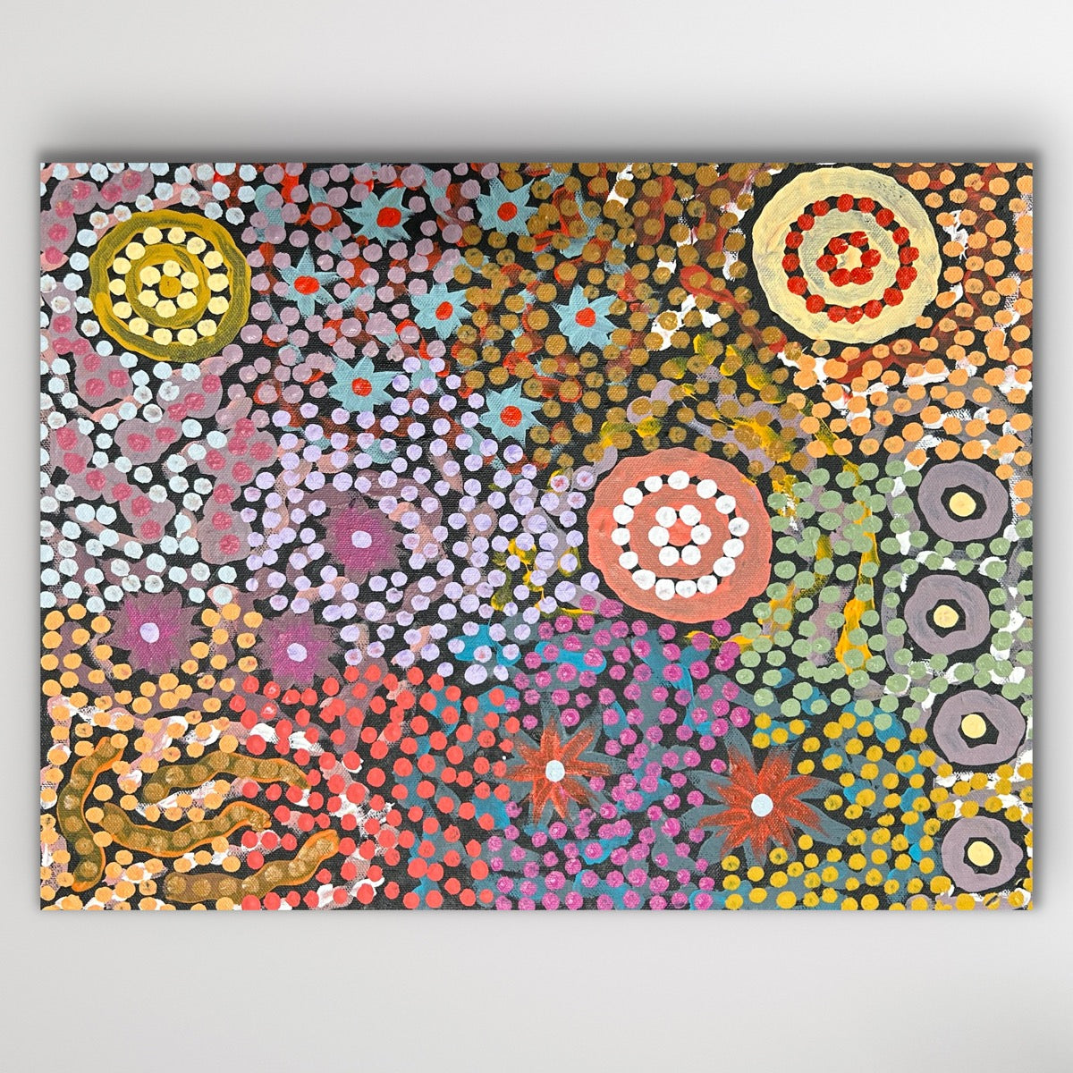 Vibrant circular motifs ripple across coral and violet fields, celebrating family connections to Country.