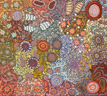 Load image into Gallery viewer, A captivating blend of red, ochre and blue patterns reflecting the artist’s aerial view of her Country.
