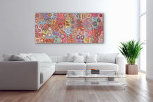 Load image into Gallery viewer, &quot;Grandmother&#39;s Country&quot; Michelle Possum Nungurrayi 204cm x 89cm large painting displayed landscape on wall in living room with white couch and glass coffee table.
