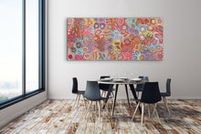 Load image into Gallery viewer, Grandmother&#39;s Country painting by Michelle Possum Nungurrayi, Australian Aboriginal artist from Mt Allan, detailed view of artwork emphasizing landscape features and important community sites. Displayed in modern dining room
