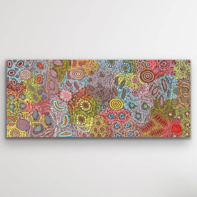A vibrant depiction of desert landscapes filled with intricate detail and colour by Michelle Possum Nungurrayi.