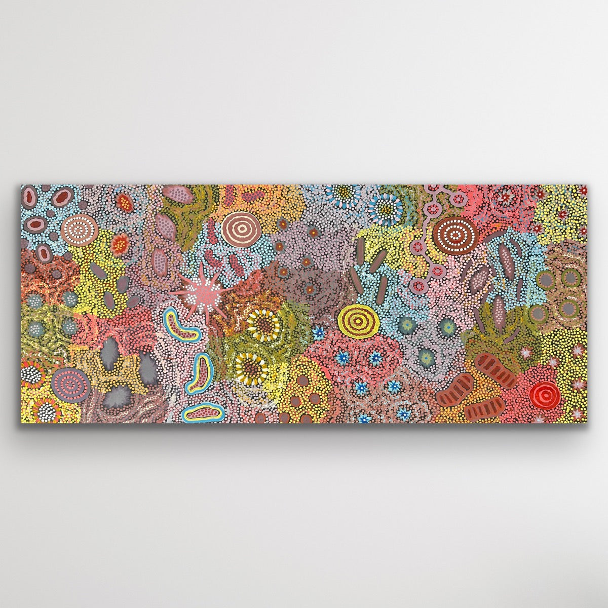 A vibrant depiction of desert landscapes filled with intricate detail and colour by Michelle Possum Nungurrayi.