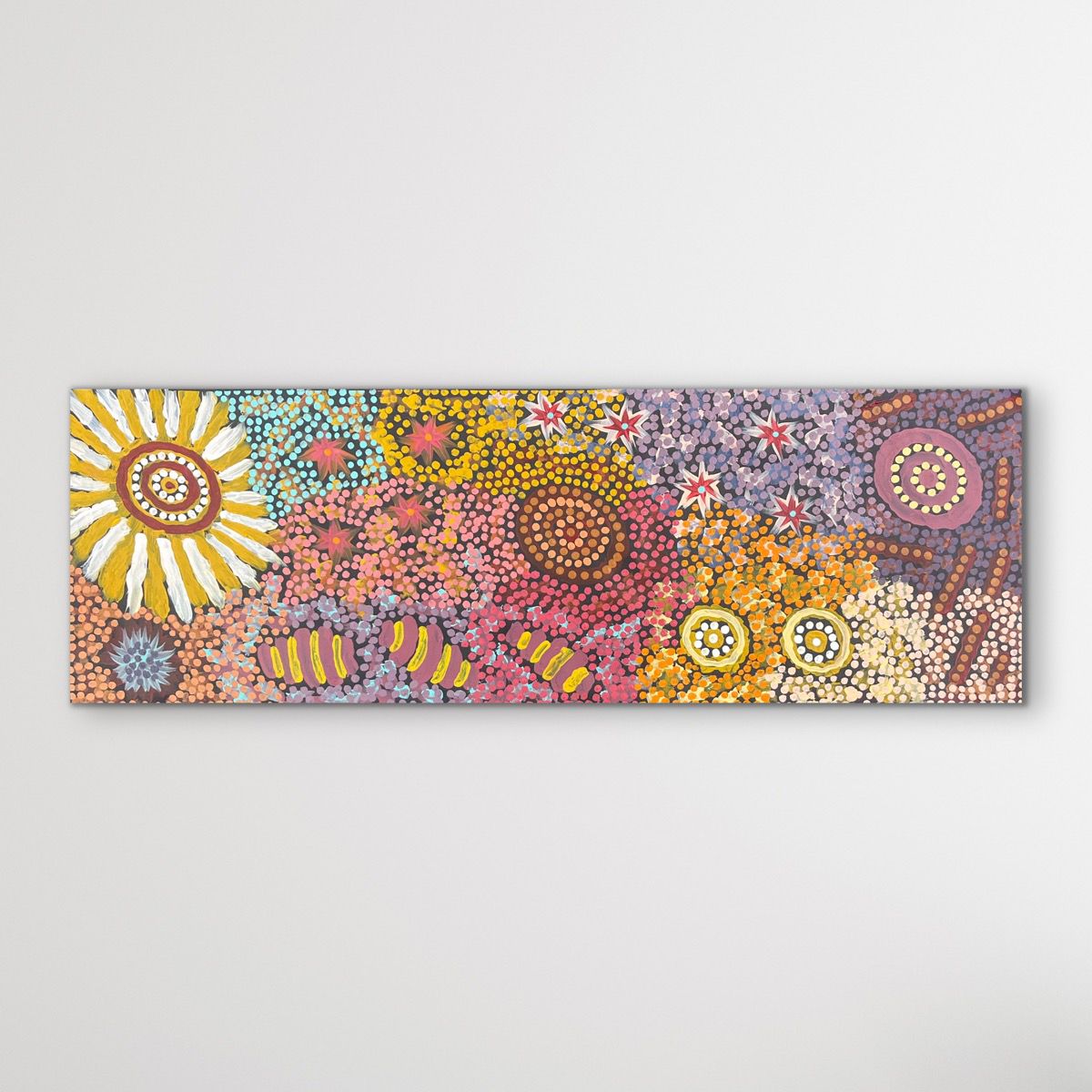 Aboriginal Painting displayed horizontal on white wall