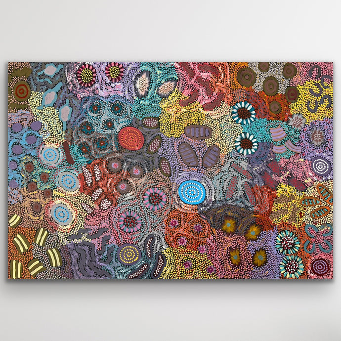Large Aboriginal artwork Grandmother’s Country with intricate dot patterns and aerial designs