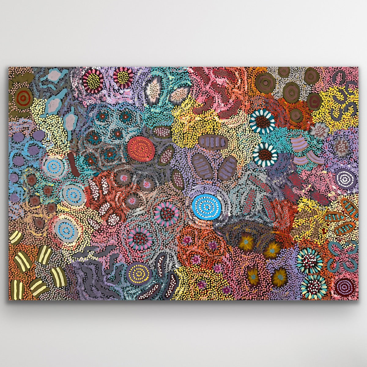 Large Aboriginal artwork Grandmother’s Country with intricate dot patterns and aerial designs