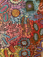 Load image into Gallery viewer, &quot;Grandmother&#39;s Country&quot; Michelle Possum Nungurrayi 204cm x 89cm close up image of dot work with red, blue, brown, purple and green colours.
