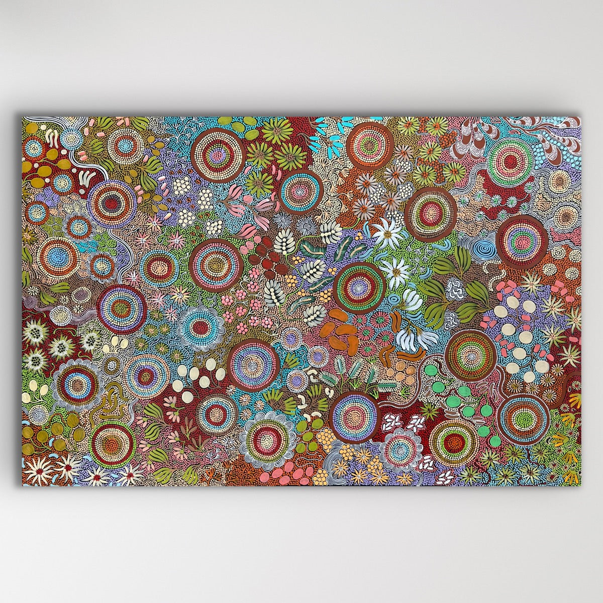 "Budgerigar Dreaming & Bush Tucker Story" original Aboriginal painting by Julieanne Nungurrayi Turner, 200cm x 131cm - authentic Indigenous Australian artwork
