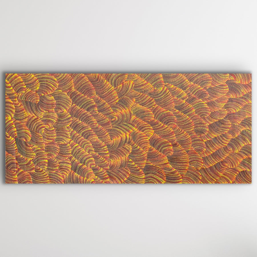 "Sand Dunes (Tali)" by Maureen Nampijinpa Hudson - detail view of Aboriginal painting, 205cm x 94cm