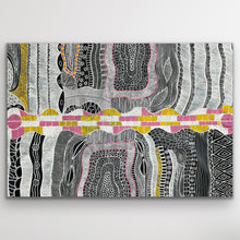 Load image into Gallery viewer, Mina Mina Dreaming artwork by Alice Granites Napanangka, showcasing the vivid landscape of the N.T. and W.A. border, 179cm x 120cm.
