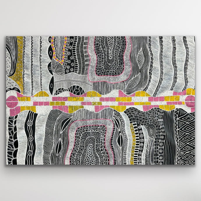 Mina Mina Dreaming artwork by Alice Granites Napanangka, showcasing the vivid landscape of the N.T. and W.A. border, 179cm x 120cm.