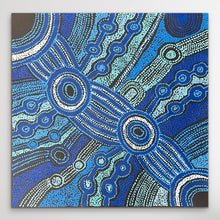Load image into Gallery viewer, Minyma Malilu painting with blue and black patterns on a black background
