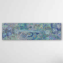 Load image into Gallery viewer, Blue and green Aboriginal painting featuring bush flowers and medicine leaves
