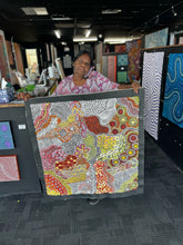Load image into Gallery viewer, Artist photo for Janet Golder Kngwarreye&#39;s 90x88cm Utopia artwork with certificate of authenticity
