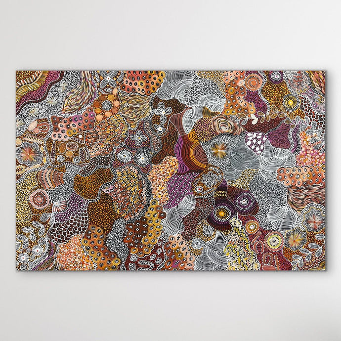 Janet Golder Kngwarreye's 180cm x 116cm painting My Country from Utopia  as shown vertically on wall