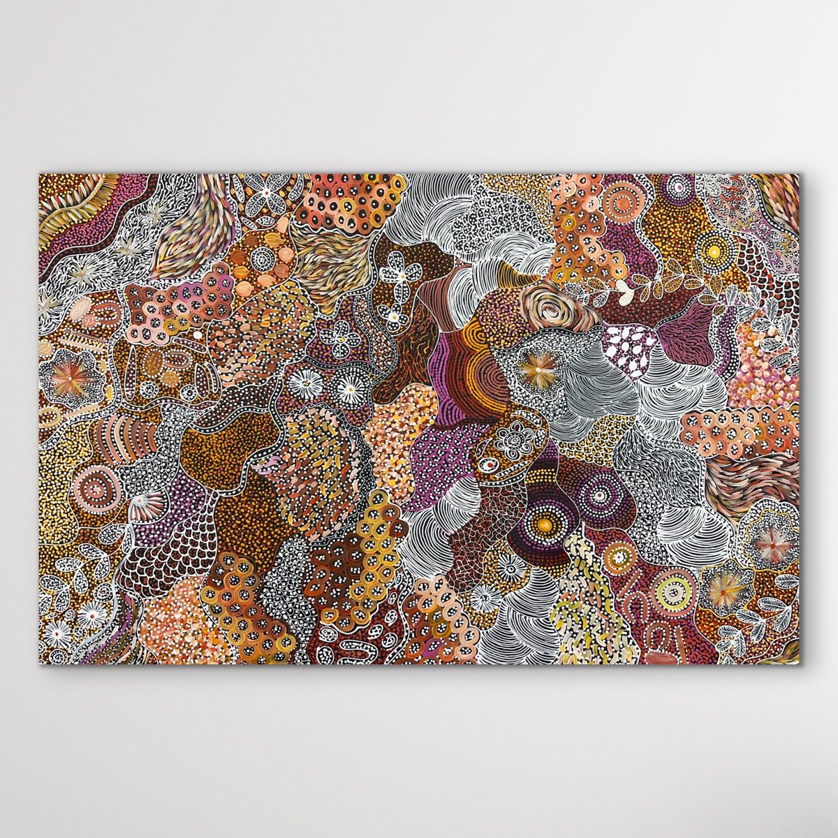 Janet Golder Kngwarreye's 180cm x 116cm painting My Country from Utopia  as shown vertically on wall