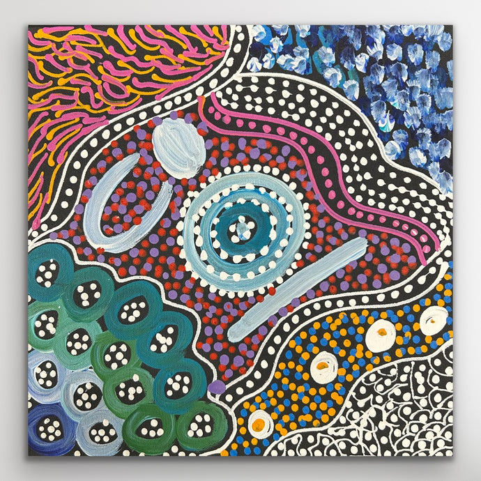 Small painting by janet, blues, purples, reds, pinks, greens, blues