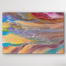 Load image into Gallery viewer, Close detail of Pantu Salt Lake Dawn Aboriginal print by Janice Stanley, showing flowing ochres, purple and teal desert colours

