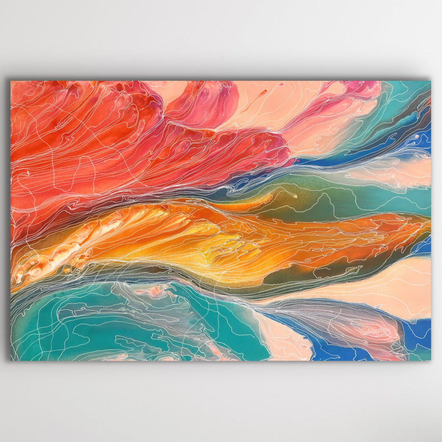 Close detail of Janice Stanley Aboriginal art canvas Pantu Salt Lake Sunset with textured flowing desert colours