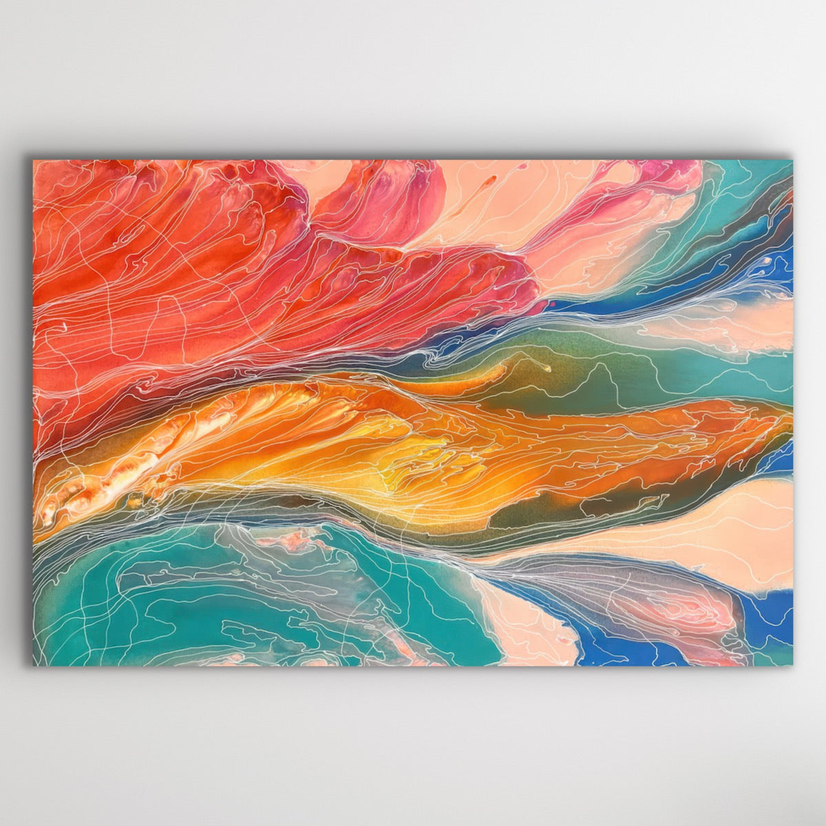 Close detail of Janice Stanley Aboriginal art canvas Pantu Salt Lake Sunset with textured flowing desert colours