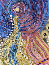 Load image into Gallery viewer, Colorful Joanne Ken 120 x 80 artwork with swirling patterns and a central figure.
