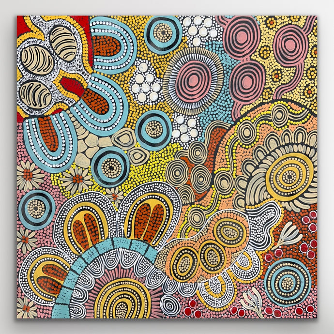Julieanne Nungurrayi Turner Aboriginal painting of budgerigars and bush tucker, 60x60cm