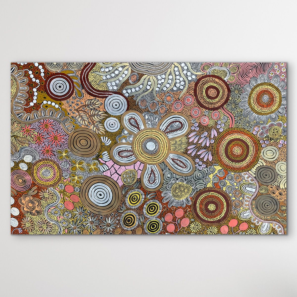 "Budgerigar & Bush Tucker Story" original Aboriginal painting by Julieanne Nungurrayi Turner, 140cm x 86cm - authentic Indigenous Australian artwork