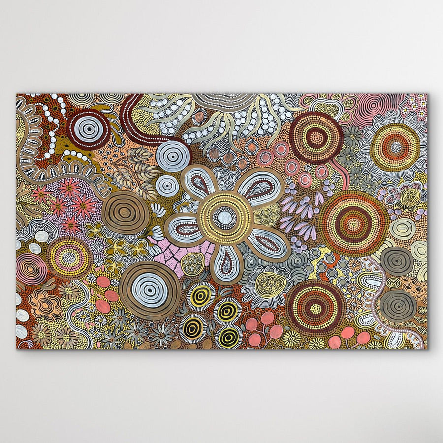 "Budgerigar & Bush Tucker Story" original Aboriginal painting by Julieanne Nungurrayi Turner, 140cm x 86cm - authentic Indigenous Australian artwork