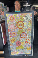 Load image into Gallery viewer, Artist Julieanne Nungarrayi Turner presenting Budgerigar Dreaming &amp; Bush Tucker painting, continuing Aboriginal storytelling tradition

