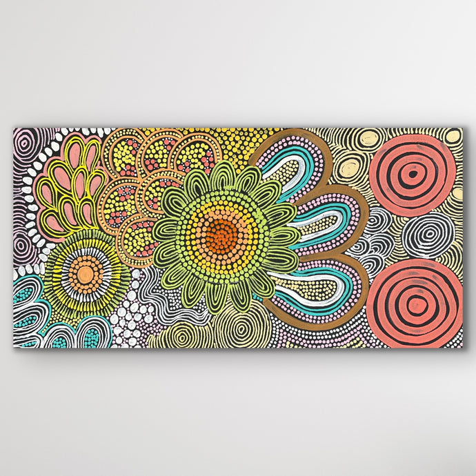 Aboriginal artwork Budgerigar Dreaming by Julieanne Nungurrayi Turner with vivid motifs