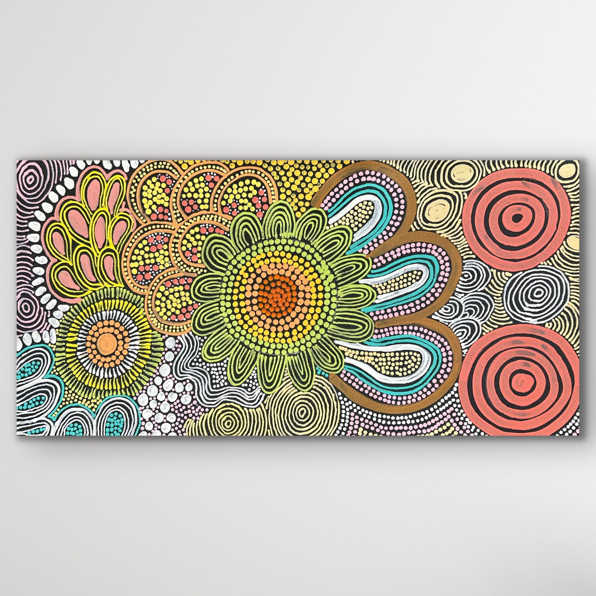 Aboriginal artwork Budgerigar Dreaming by Julieanne Nungurrayi Turner with vivid motifs