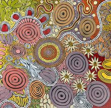 Load image into Gallery viewer, Detailed section of the painting highlighting fine dotting and vivid Aboriginal patterns.
