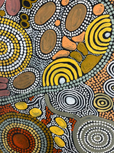 Load image into Gallery viewer, Close-up detail of Budgerigar Dreaming by Julieanne Nungurrayi Turner showing fine dot work and vibrant colors 201cm x 87cm
