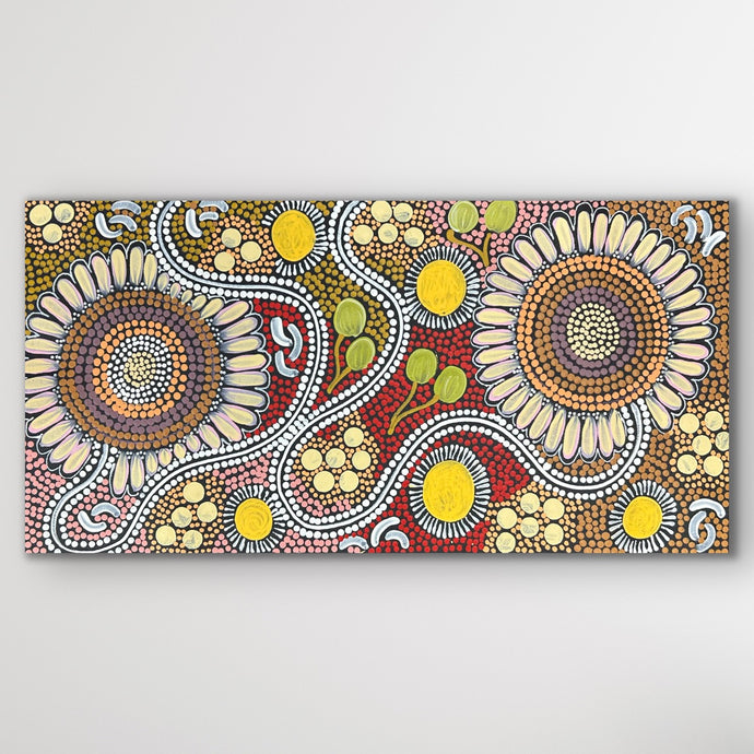 Aboriginal artwork Budgerigar and Bush Tucker by Julieanne Nungurrayi Turner