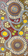Load image into Gallery viewer, Close up of Budgerigar and Bush Tucker Aboriginal painting by Julieanne Nungurrayi Turner
