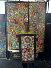 Load image into Gallery viewer, Julieanne Nungurrayi Turner holding her Budgerigar and Bush Tucker Aboriginal artwork
