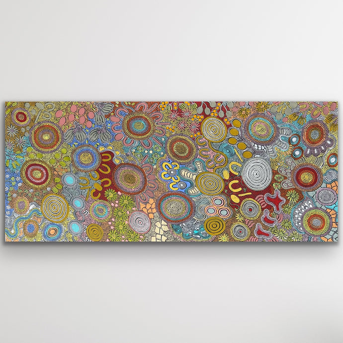 Full image of Women’s Hunting Story by Julieanne Nungurrayi Turner showing earthy ochre tones, circular campsites and women’s tracks.