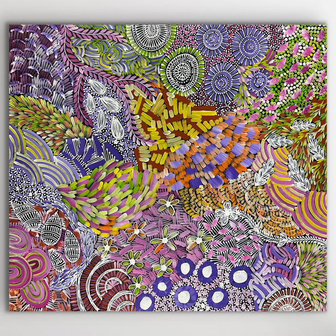 Vivid Awelye painting by Karen Bird Ngale showing body paint traditions