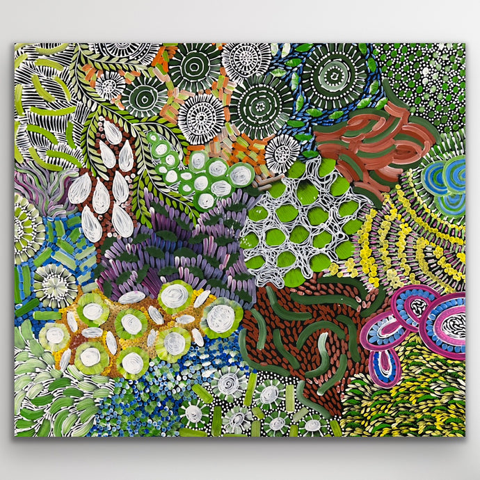 Colourful Awelye Aboriginal painting by Karen Bird Ngale showing women’s ceremonial motifs